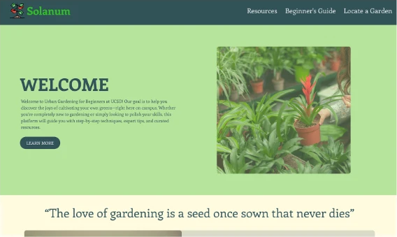 Solanum urban gardening website — welcome screen